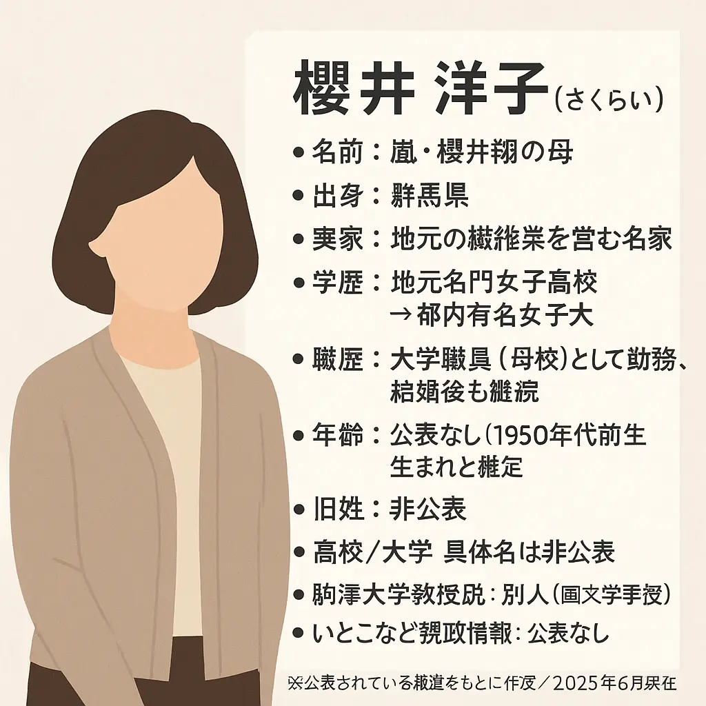櫻井洋子の櫻井翔の母親で実家や学歴や年齢や旧姓や高校や駒澤大学？いとこ？